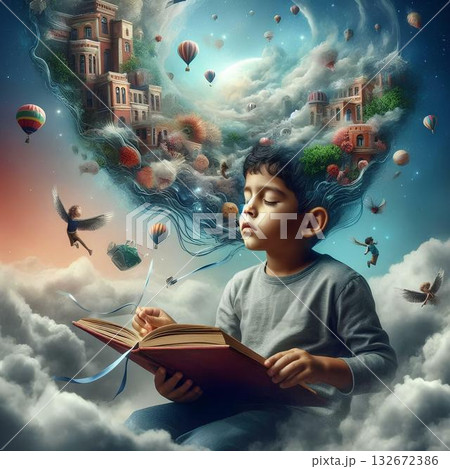 A child reading a book and imagining the story within it. 132672386