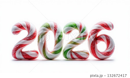 Candy cane numbers forming 2026 with red, white, and green stripes, dusted with sugar on a white background. Holiday and New Year concept 132672417