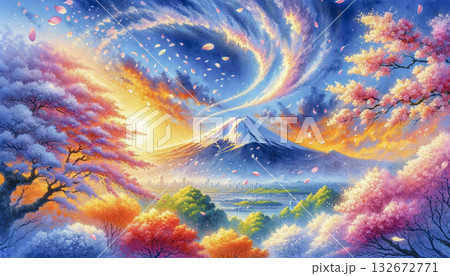 富士山と桜と朝焼け空。日本の春の自然風景。水彩イラスト 富士山と桜と朝焼け空。日本の春の自然風景。水彩イラスト 132672771