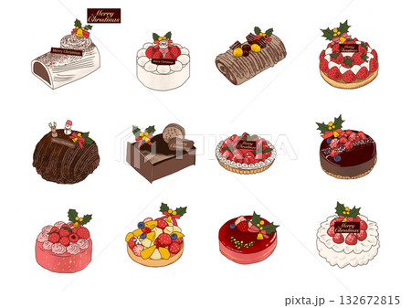 クリスマスのホールケーキバリエーション|ショートケーキ・ブッシュドノエルなどのイラスト素材 クリスマスのホールケーキバリエーション|ショートケーキ・ブッシュドノエルなどのイラスト素材 132672815