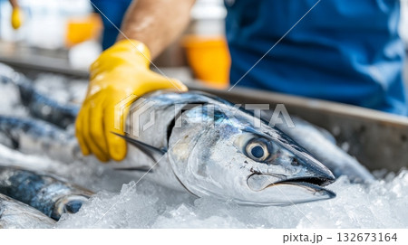 Expert Techniques for Fresh Fish Handling in the Vibrant Seafood Market An Impressive Blue Fish Selection 132673164