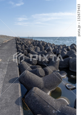 冬の澄んだ青空と霞ヶ浦のテトラポッド群 132673483