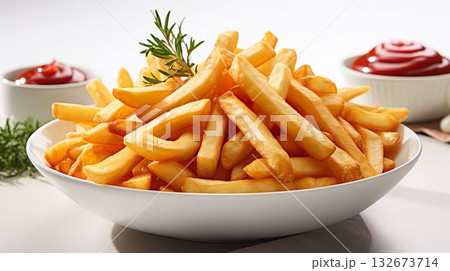 French fries or potato chips on a platter with ketchup French fries or potato chips on a platter with ketchup 132673714