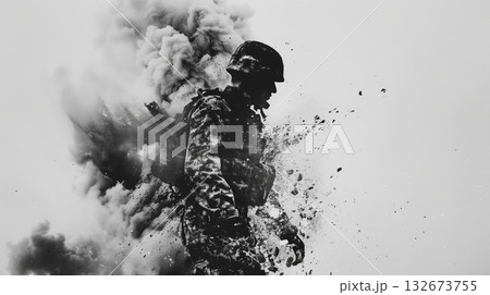 A man in a military uniform is standing in a cloud of smoke. Concept of chaos and destruction, with the man's presence in the midst of the smoke and debris A man in a military uniform is standing in a cloud of smoke. Concept of chaos and destruction, with the man's presence in the midst of the smoke and debris 132673755