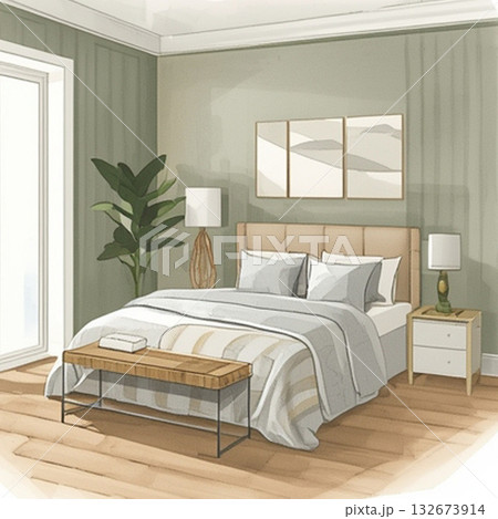 モデルルーム風のおしゃれなベッドと寝室インテリア モデルルーム風のおしゃれなベッドと寝室インテリア 132673914
