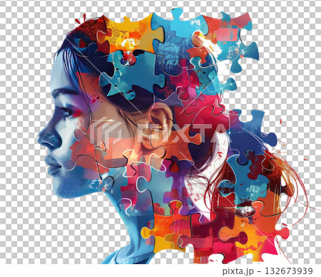 ADHD, attention deficit hyperactivity disorder, autism. Head of a child with puzzle pieces. World autism awareness day concept. 132673939