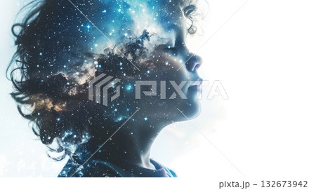 Concept exploring the mind, self-discovery, introspection, thinking process. Boy developing her emotional intelligence. 132673942