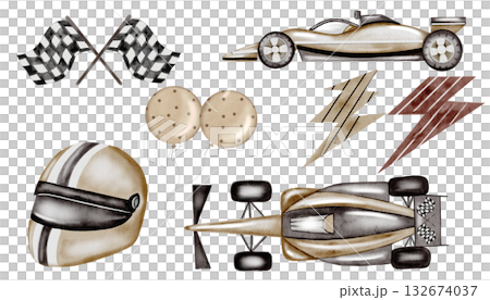 Racing cars watercolor set. Race car, helmet and flags in pastel colors on a white background. Ideal for children's textiles, wallpapers and baby shower design for boys 132674037