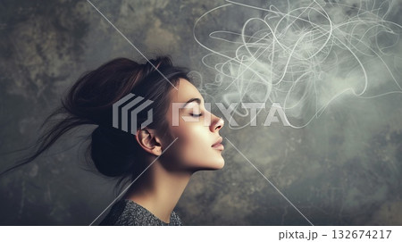 Side profile of a serene woman with closed eyes, surrounded by abstract light lines, on a textured gray background, concept of thoughts 132674217