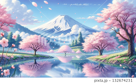 富士山と桜のイラスト 132674231