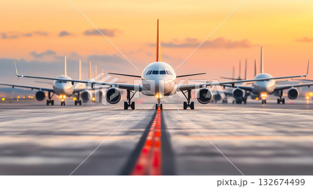 Airplanes parked at airport during sunset, showcasing serene atmosphere 132674499
