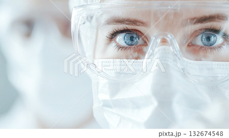 Researchers in safety gear with focused expressions in lab setting Researchers in safety gear with focused expressions in lab setting 132674548