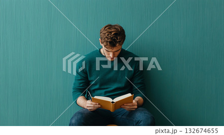 man reading book in quiet corner, deeply focused and relaxed man reading book in quiet corner, deeply focused and relaxed 132674655