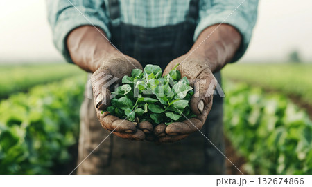 Hands holding fresh green plants, showcasing determination and hard work in agriculture 132674866