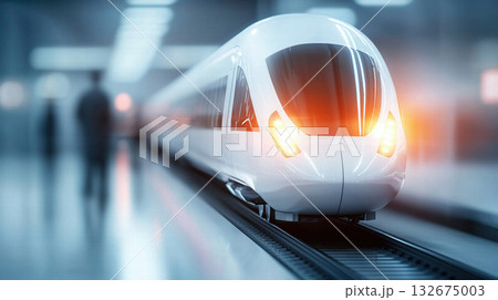 Futuristic high speed train at modern airport terminal platform 132675003