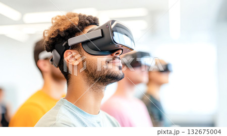 Immersive virtual reality experience with users wearing headsets 132675004