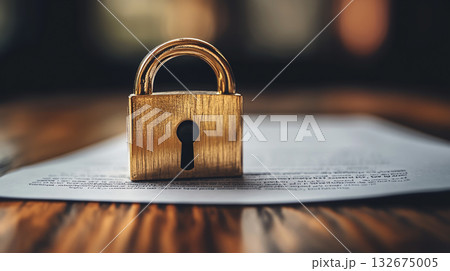 golden padlock rests on document, symbolizing security and protection 132675005