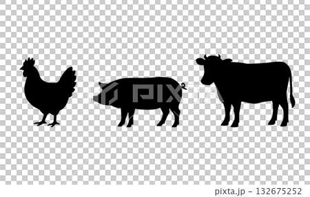 雞、豬和牛的剪影插圖。牛肉、豬肉、雞肉。簡潔的圖標素材。 雞、豬和牛的剪影插圖。牛肉、豬肉、雞肉。簡潔的圖標素材。 132675252