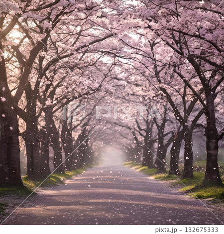 a path between the cherry trees 132675333