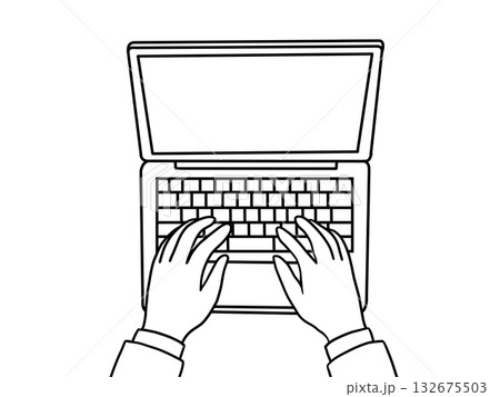 【線画のみ】パソコン作業中（上から構図・手元） 132675503