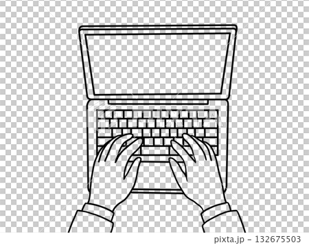 【線画のみ】パソコン作業中（上から構図・手元） 132675503