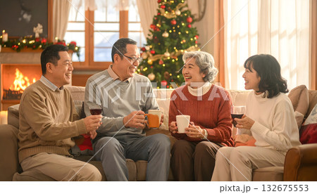 クリスマスを祝ってシニアが意気投合してくつろいでいる風景 クリスマスを祝ってシニアが意気投合してくつろいでいる風景 132675553
