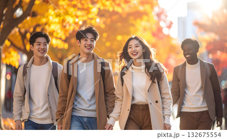 街を歩く仲の良い男女のグループがいる紅葉の季節の風景 街を歩く仲の良い男女のグループがいる紅葉の季節の風景 132675554