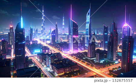 未来のビルがそびえる町並みの風景 132675557