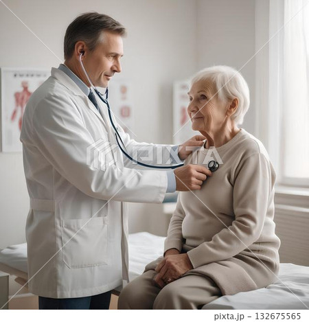 a doctor listening to an elderly patient's heartbeat a doctor listening to an elderly patient's heartbeat 132675565