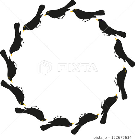 Silhouette of starling birds frame. Starling birds flock in the sky template. Frame with empty space for your text 132675634