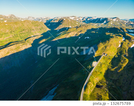 Road with tunnel in mountains Norway. Aerial view. 132675789