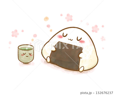 花が舞う中で湯呑みと一緒にリラックスするおにぎりの水彩イラスト 132676237