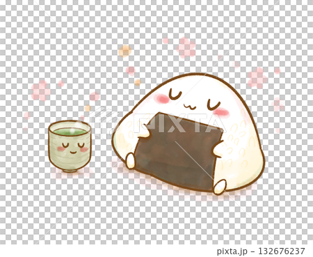 Watercolor illustration of a rice ball relaxing with a teacup among fluttering flowers 132676237