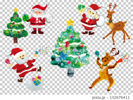 Watercolor illustration set of Santa Claus, reindeer and Christmas tree Watercolor illustration set of Santa Claus, reindeer and Christmas tree 132676411