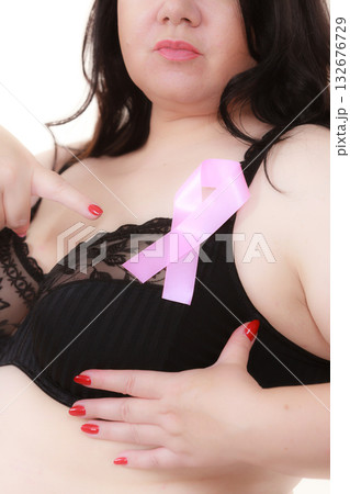 Big woman in bra with pink cancer ribbon 132676729
