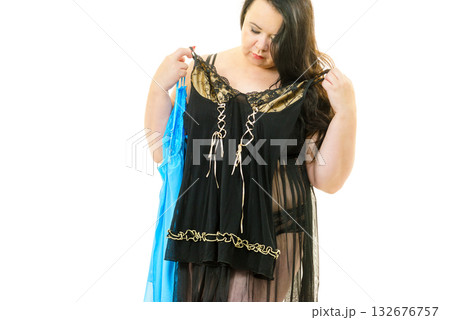 Plus size woman fitting satin nightwear Plus size woman fitting satin nightwear 132676757