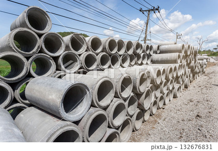 Concrete drainage pipes for industrial building construction. 132676831