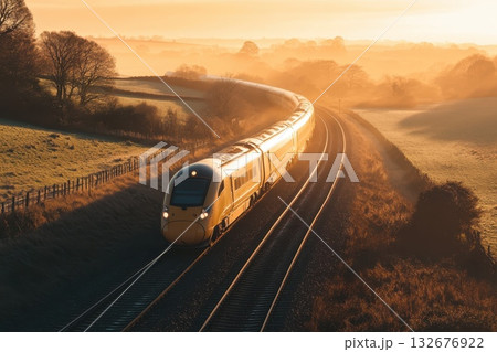 Sleek Modern Train Speeding Through Beautiful Countryside at Sunrise 132676922