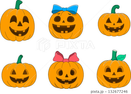 Cute Halloween Pumpkin Icon Set with Smiling Faces Cute Halloween Pumpkin Icon Set with Smiling Faces 132677246
