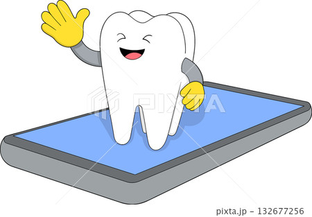 Happy Tooth Character Waving from Smartphone Online Dental Care Vector Illustration Happy Tooth Character Waving from Smartphone Online Dental Care Vector Illustration 132677256