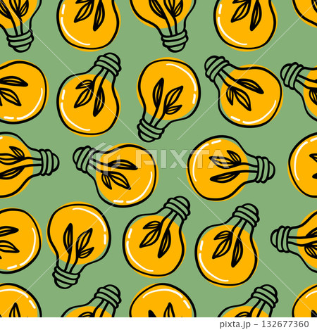 Seamless Pattern Light Bulb and Leaves Nature Ecology Recycle. Vector Illustration 132677360