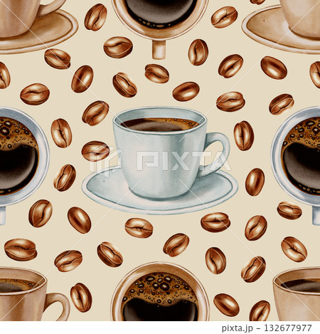 A seamless watercolor pattern featuring pastel coffee cups and roasted coffee beans. Perfect for coffee shop branding, menus, packaging, and textile prints. 132677977