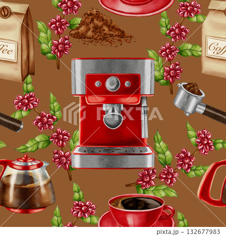 Hand painted watercolor seamless pattern of a coffee machine, portafilter, pot, and cup. Perfect for modern coffee shops, cafe branding, menu, and packaging. Hand painted watercolor seamless pattern of a coffee machine, portafilter, pot, and cup. Perfect for modern coffee shops, cafe branding, menu, and packaging. 132677983