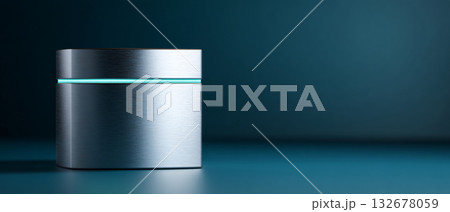 A sleek, metallic device with a glowing blue light on its side sits against a dark background A sleek, metallic device with a glowing blue light on its side sits against a dark background 132678059