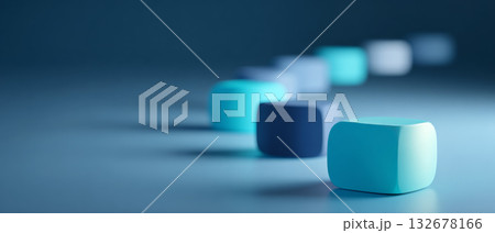 A row of blue and dark blue cubes on a table with the closest one in focus A row of blue and dark blue cubes on a table with the closest one in focus 132678166