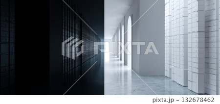 A hallway with rows of white storage units on either side and a bright light at the end, creating an illusion of depth 132678462