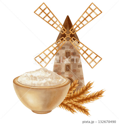 Watercolor illustration depicting a village mill, sacks, and bowls of white wheat flour. Ideal for branding, packaging, and harvesting, as well as advertising bakery, farm, and organic products 132678490