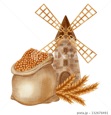 Watercolor illustration depicting a village mill and sacks and bowls of millet grain. Ideal for branding, packaging, and harvesting, as well as for bakery, farm, and organic products. Watercolor illustration depicting a village mill and sacks and bowls of millet grain. Ideal for branding, packaging, and harvesting, as well as for bakery, farm, and organic products. 132678491