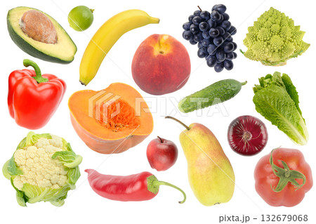 Healthy Food Composition of Mixed Fresh Produce Rich in Vitamins and Nutrients Isolated on White 132679068
