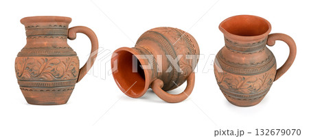 Set of traditional clay jugs with carved ornament isolated on white background, different angles view 132679070